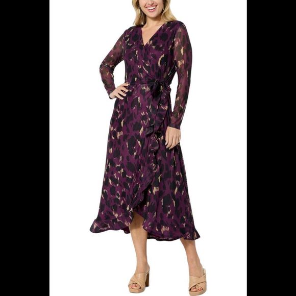 C Wonder by Christian Siriano Mesh Ruffle Hem Dress Animal Currant - Petite - Picture 1 of 1